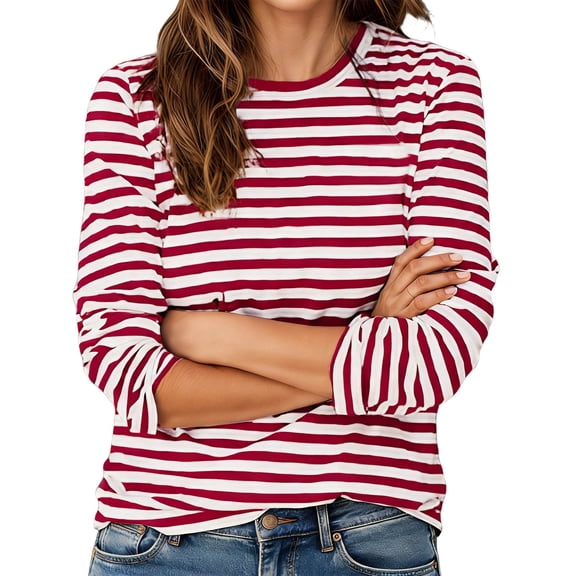 Yuanlong Womens Striped Tshirts Round Neck Long Sleeve Loose Fit Basic T Shirt Soft Daily Wear Going Out And Work Tee Shirts