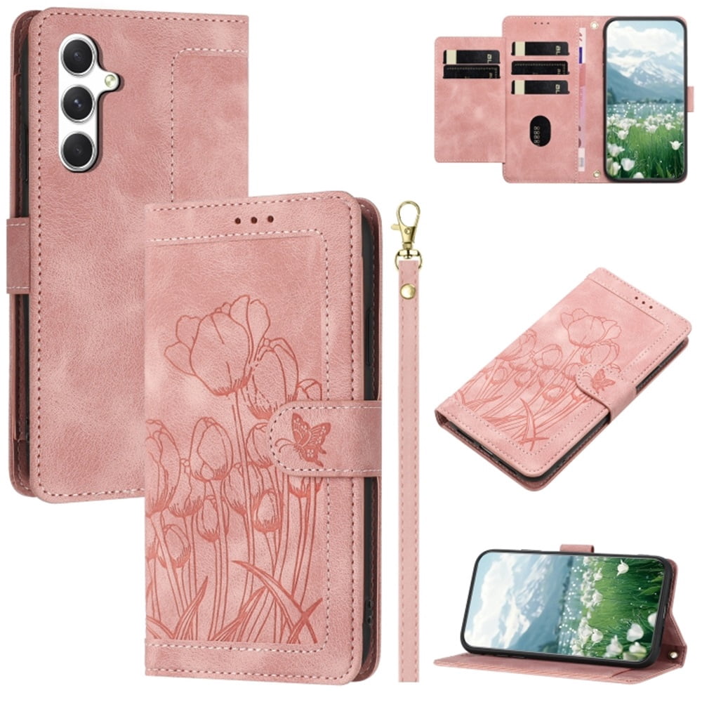 Leather For Samsung Galaxy S26 Pro 5G Case Tulip Embossed 5-card  Flip Wallet Leather Case with Card Holder Magnetic Closure  Phone Cases Cover,Pink,For Galaxy S26 Pro 5G