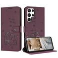 thumbnail image 2 of Flip Case for Samsung Galaxy S22 Ultra PU Leather Wallet Case with RFID Blocking Card Slot & Cash Pocket Magnetic Clasp Stand Function Cover Cat Patterned with Wrist Strap Phone Case,Maroon, 2 of 9