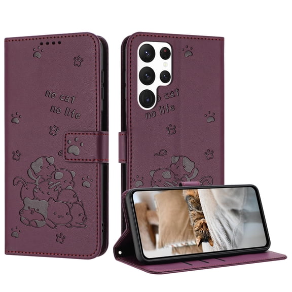 TECH CIRCLE For Galaxy S22 Case Wallet,Women Flip Folio Cover Credit Card Holders Lovely Cat Emboss PU Leather Purse Wrist Strap Kickstand Case forSamsung Galaxy S22 6.1" 2022,Maroon