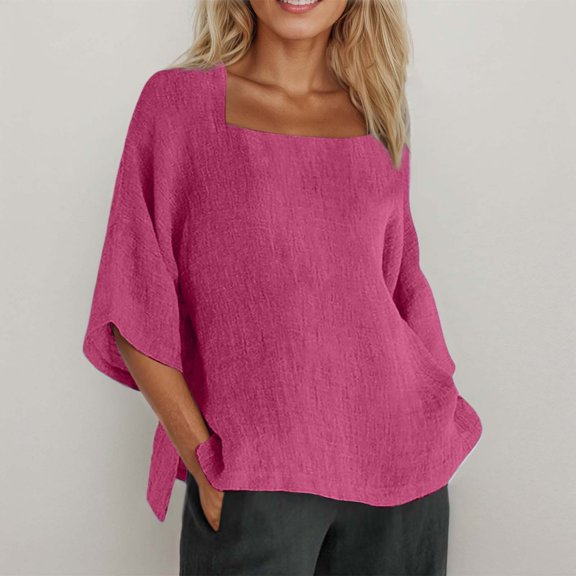 Letdown Women's Casual Short Sleeve Loose Blouse Square Neck Solid Color Summer Beach Vacation Top (RD2,S)