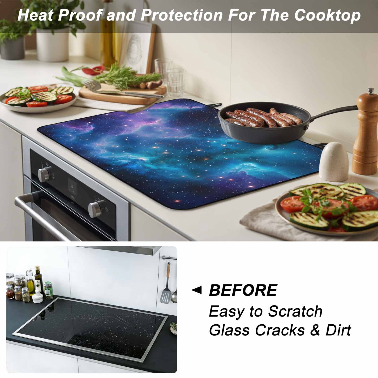 Starry Sky Stove Top Cover for Electric Stove, Heat-proof & Non Slip Glass Top Stove Cover Protector, Modern Rustic Blue Purple Ombre Star Night Kitchen Flat Cooktop Rubber Mat 24x21 Inches