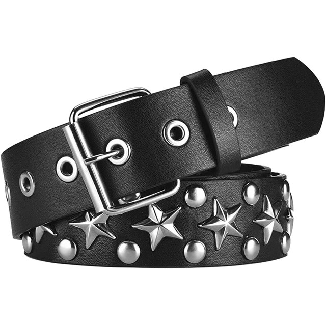Cinturones con tachuelas y estrellas, estilo punk hip hop Y2K, de piel sintética con ojales (negro)