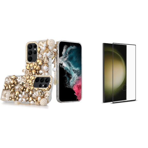 HR Diamond Bling Case for Galaxy S23  Plus (with Tempered Glass Screen Protector) Gold Silver Eiffel Tower Charms