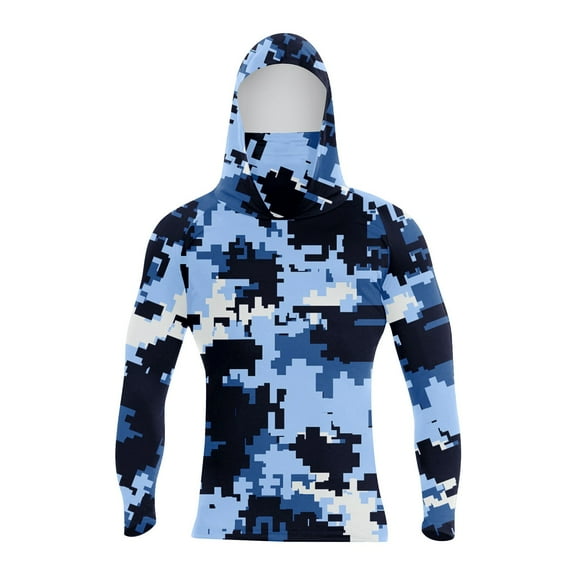 WTOBBY Men's Summer Camouflage Quick-Dry Long Sleeve T-Shirt Sun Protective Hooded Top for Fishing Fitness Sports, Lightweight Breathable with UPF 50 ,Dark Blue L
