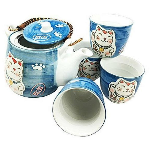 Ebros Japanese Design Maneki Neko Lucky Charm Cat Blue Tea Pot and Cups Set Serves 4