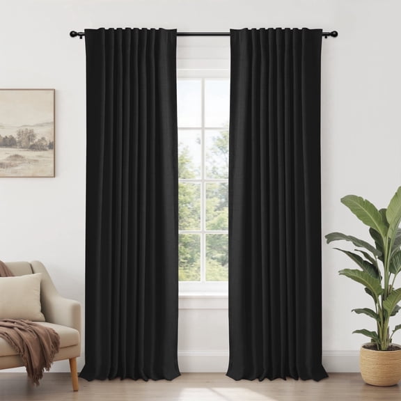 100% Blackout Curtains 90 inch Long for Bedroom,Set of 2 Panels, Faux Linen Thermal Insulated Back Tab Curtain Drapes with Room Darkening,Black