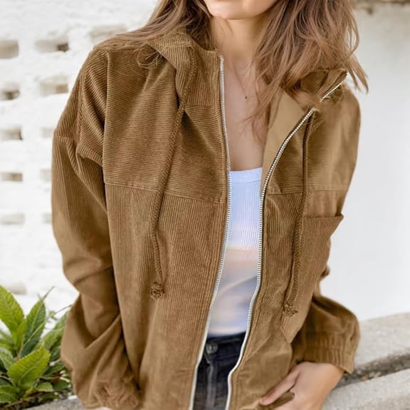 Women's Corduroy Hooded Long Sleeve Jacket Solid Color Loose Comfortable Casual Outerwear Khaki XL