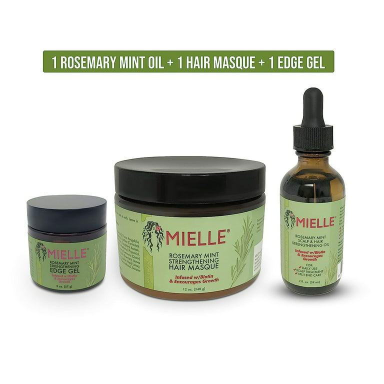 Mielle Organics Rosemary Mint Growth Oil 2 oz, Strengthening Hair Masque 12  oz, and Strengthening Edge Gel 2 oz,For stronger and healthier hair 