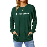 ZXZY Women Thursday Letter Printed Pockets Long Sleeve Pullover Top