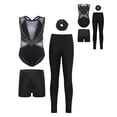 thumbnail image 4 of Hansber Kids 4-Piece Workout Sets Gymnastics Leotard with Leggings Shorts Dance Outfits for Stage Performance Black Silver 6, 4 of 5
