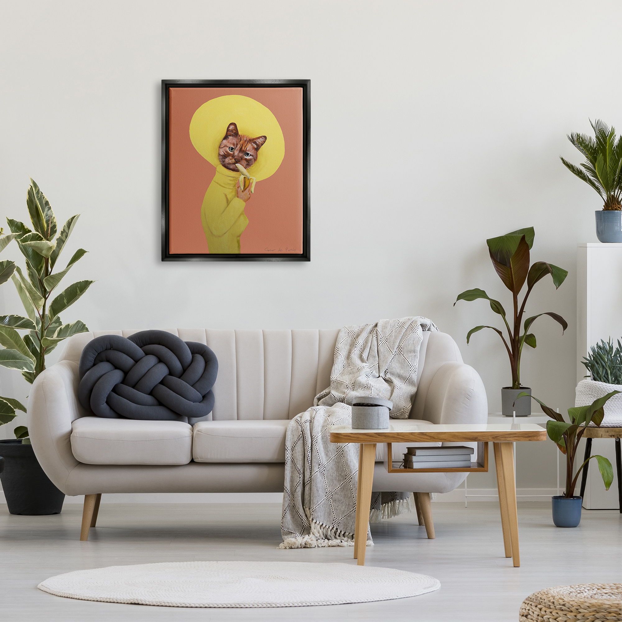 Stupell Industries Yellow Cat Eating Banana Painting Animals & Insects Painting Black Floater Framed Art Print Wall Art