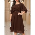 thumbnail image 3 of Brown Plus Size Elegant Party Dress With Rhinestone-Embellished Bodice, Cap Sleeves, And Belted Waist, 3 of 8