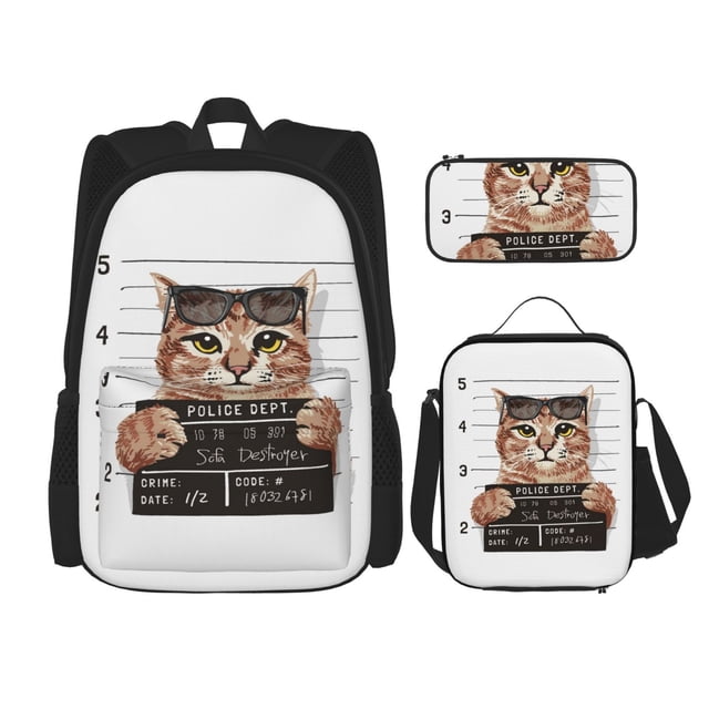 Disketp Cat Holding Mugshot Sign Mochila Estampada de Gran Capacidad con Lonchera y Estuche, Set de 3 Piezas para Estudiantes