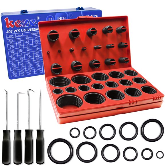 KEZE 826 piezas Kit de juntas tóricas universales SAE y métricas Estándar 32 tamaños métricos y en pulgadas Surtido de juntas tóricas en 2 cajas con 4 piezas de selección y gancho para reparación de s