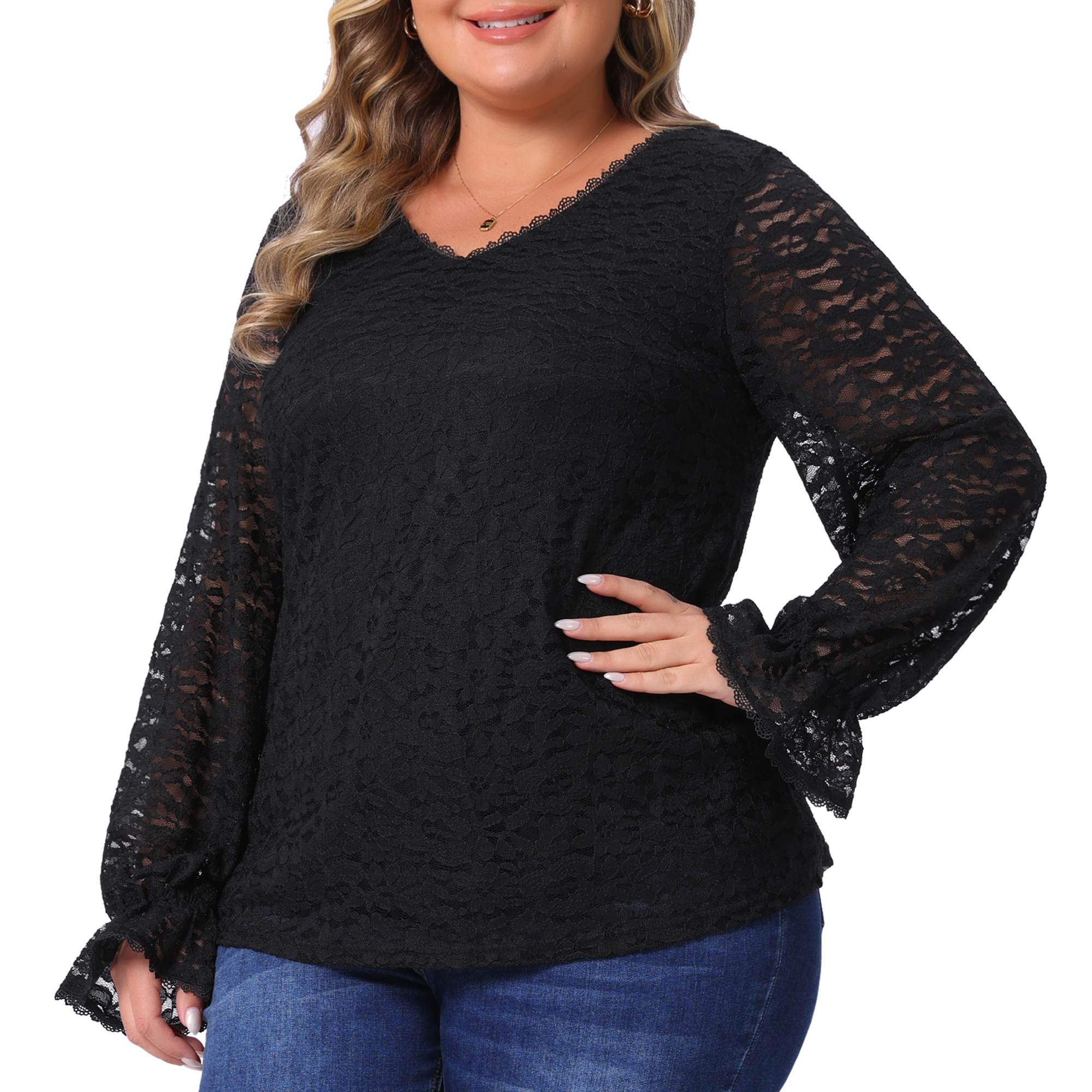 DARING DIVA Women's Plus Lace V Neck Long Sleeve Blouse 2X Black