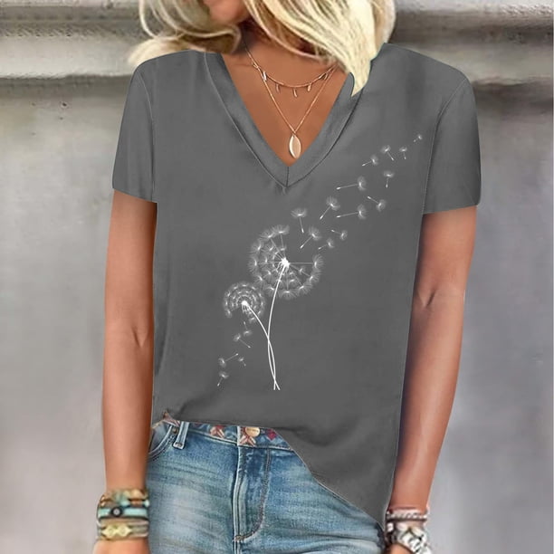 Fiudx Camisetas para Mujer Blusas Informales de Manga Corta con Cuello En V y Estampado a La Moda para Mujer