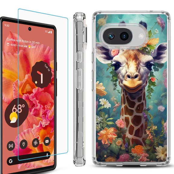 For Google Pixel 9a Phone Case Cover, Shockproof Bumper Case with Tempered Glass Screen Protector, by OneToughShield - Giraffe Flower