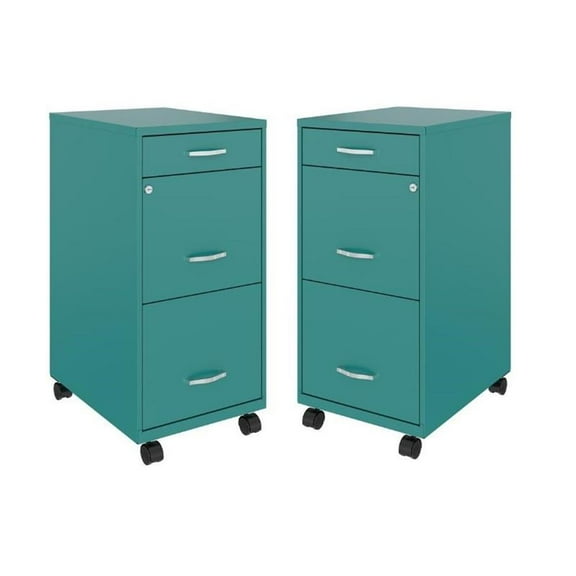 Home Square 3 Drawer Mobile Metal Filing Cabinet Set in Teal Blue (Set of 2)
