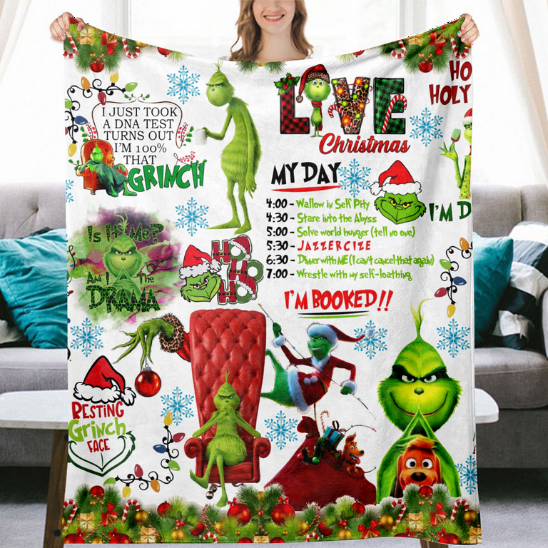 Christmas Cartoon Grinch Blanket Flannel Throw Blanket for Couch Sofa Decor Cozy Warm Bed Blankets for Kids Adults