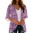 thumbnail image 4 of Cardigans for Women St. Patrick's Day,Chiffon Summer Kimono Cardigan 3/4 Sleeve Open Front Beach Kimono Hawaiian Floral Printed Lightweight Casual Beach Cover Up Plus Size Purple S, 4 of 7