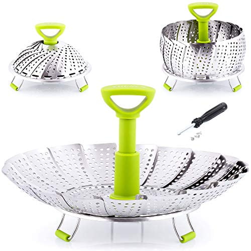 Expandable to Fit Various Size Pot 9 Diameter Extended, Green Silicone Handle Collapsible Vegetable Steamer Basket for Instant Pot Electric Pressure Cooker for Veggie Fish Seafood Cooking