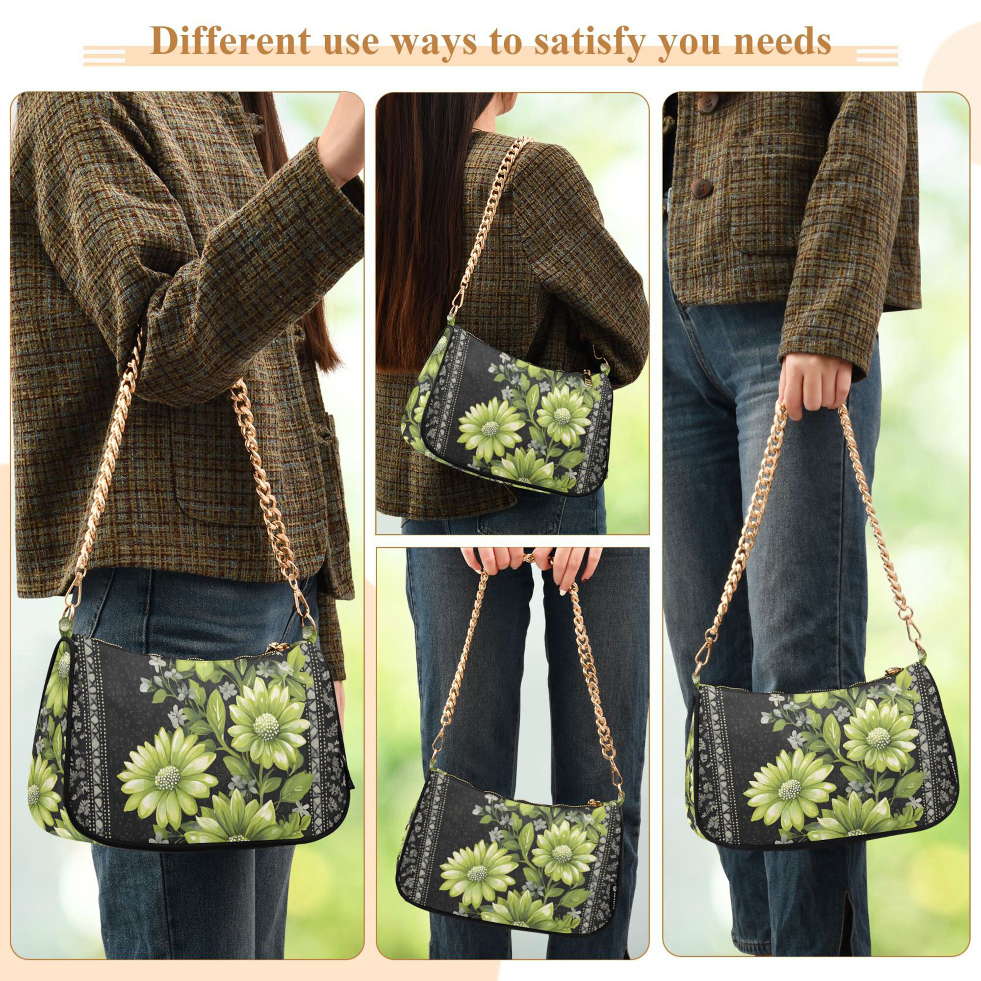FORMRS Womens Shoulder Bag with Chain Strap Clutch Purse Cute Tote Handbag, Green Flowers