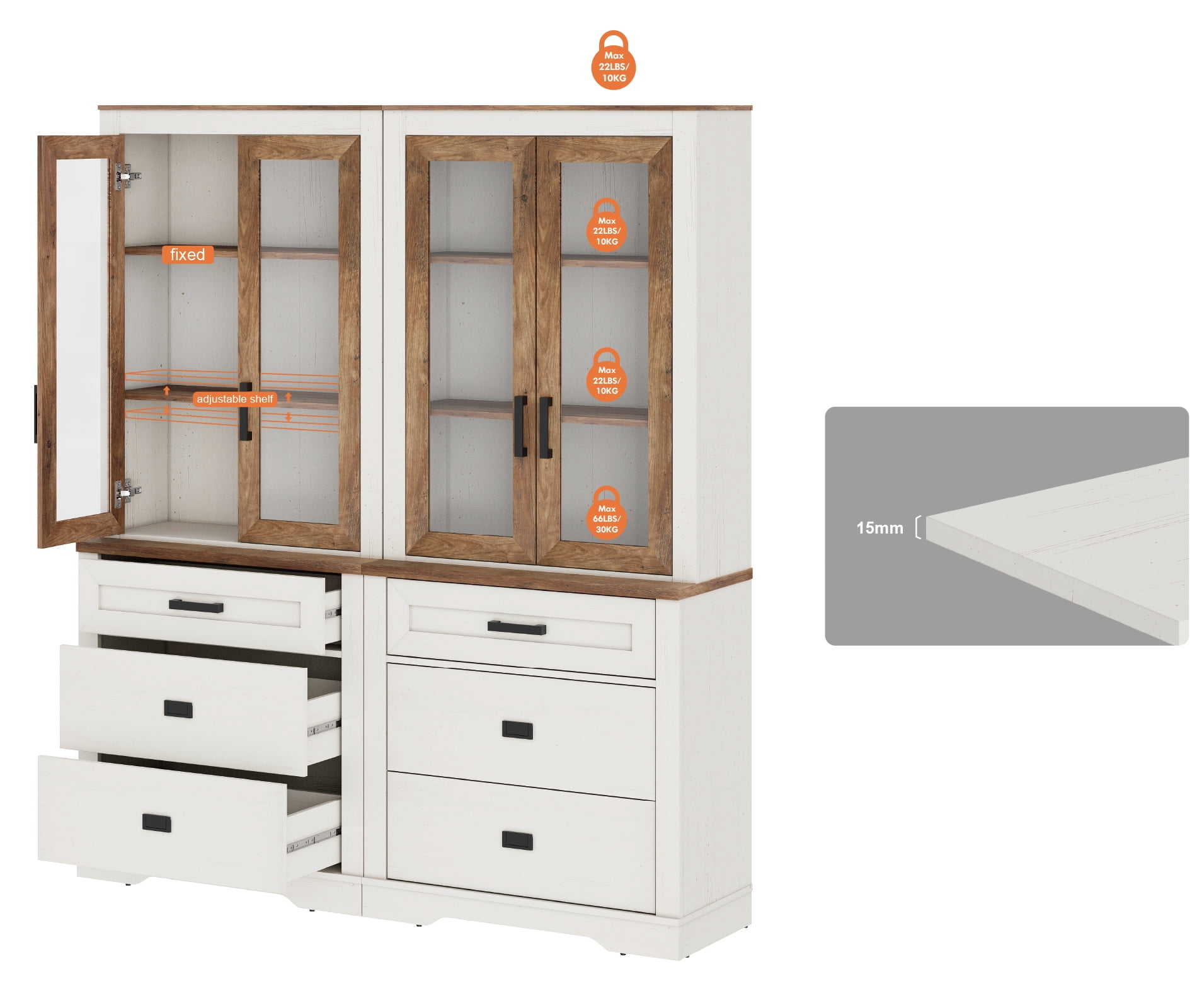 WAMPAT 2 Column 3 Tier Bookcase with Drawer,73.3" Tall Floor Standing Bookshelf,Modern Farmhouse Display Storage Cabinet with Adjustable Shelves and Glass Door for Home Office,Living Room,White Oak