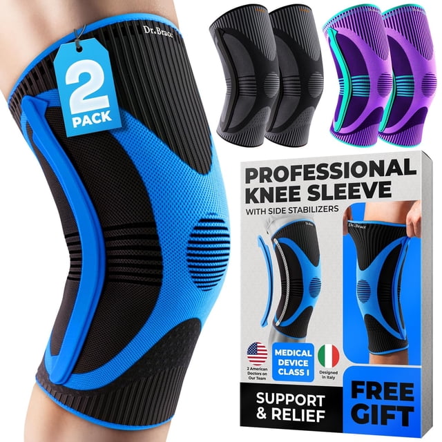 Rodillera DR. BRACE ELITE con estabilizador de tamaño (paquete de 2). Rodillera para mujeres y hombres, ideal para entrenamiento, deportes y uso diario. Manga de compresión para máxima sujeción del do