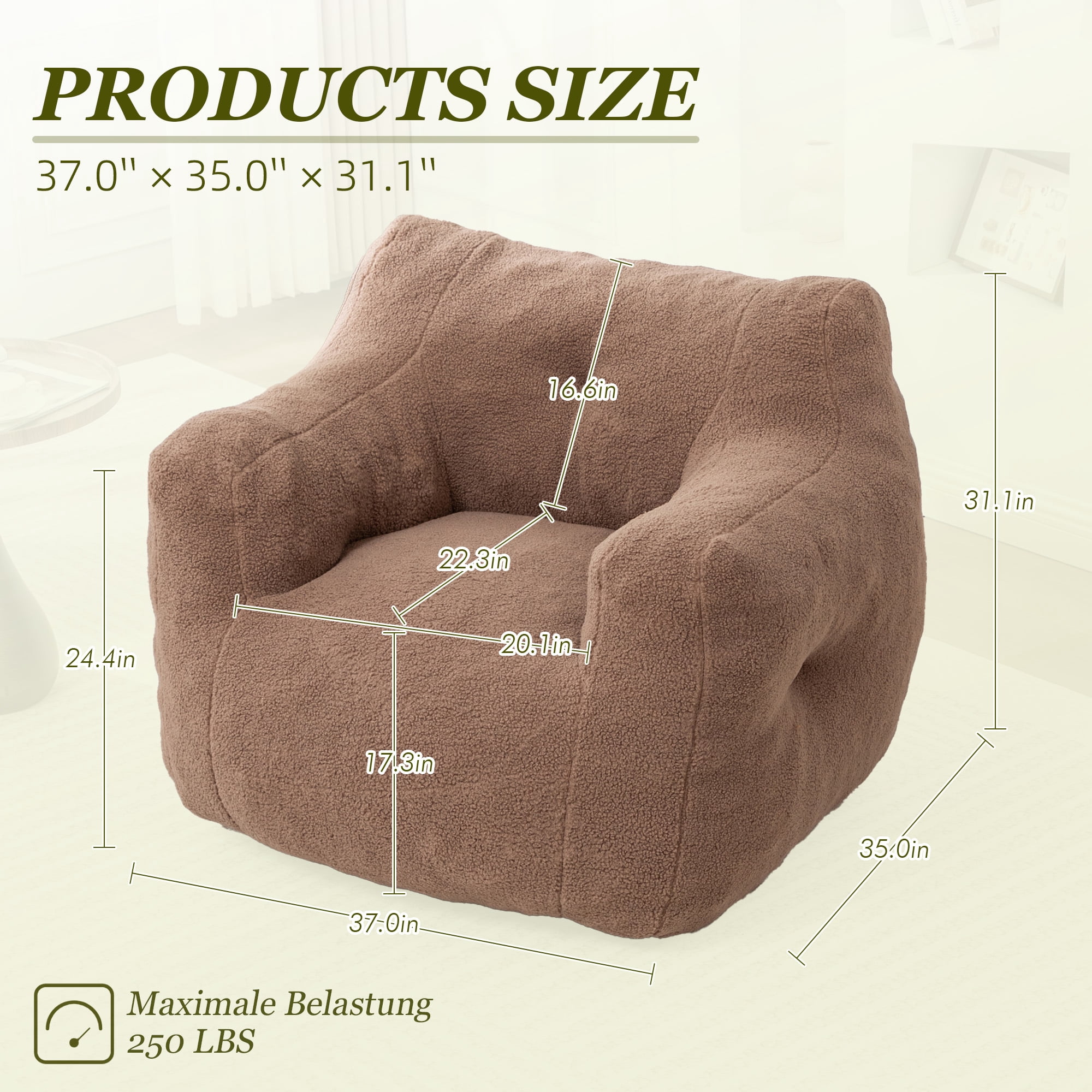 MOONMISS Bean Bag Chair, Bean Bag Sofa Chair with Armrests Stuffed High-Density Foam, Lazy Sofa Comfy Chairs BeanBag Chair for Adults in Living Room,Bedroom Reading,Coffee