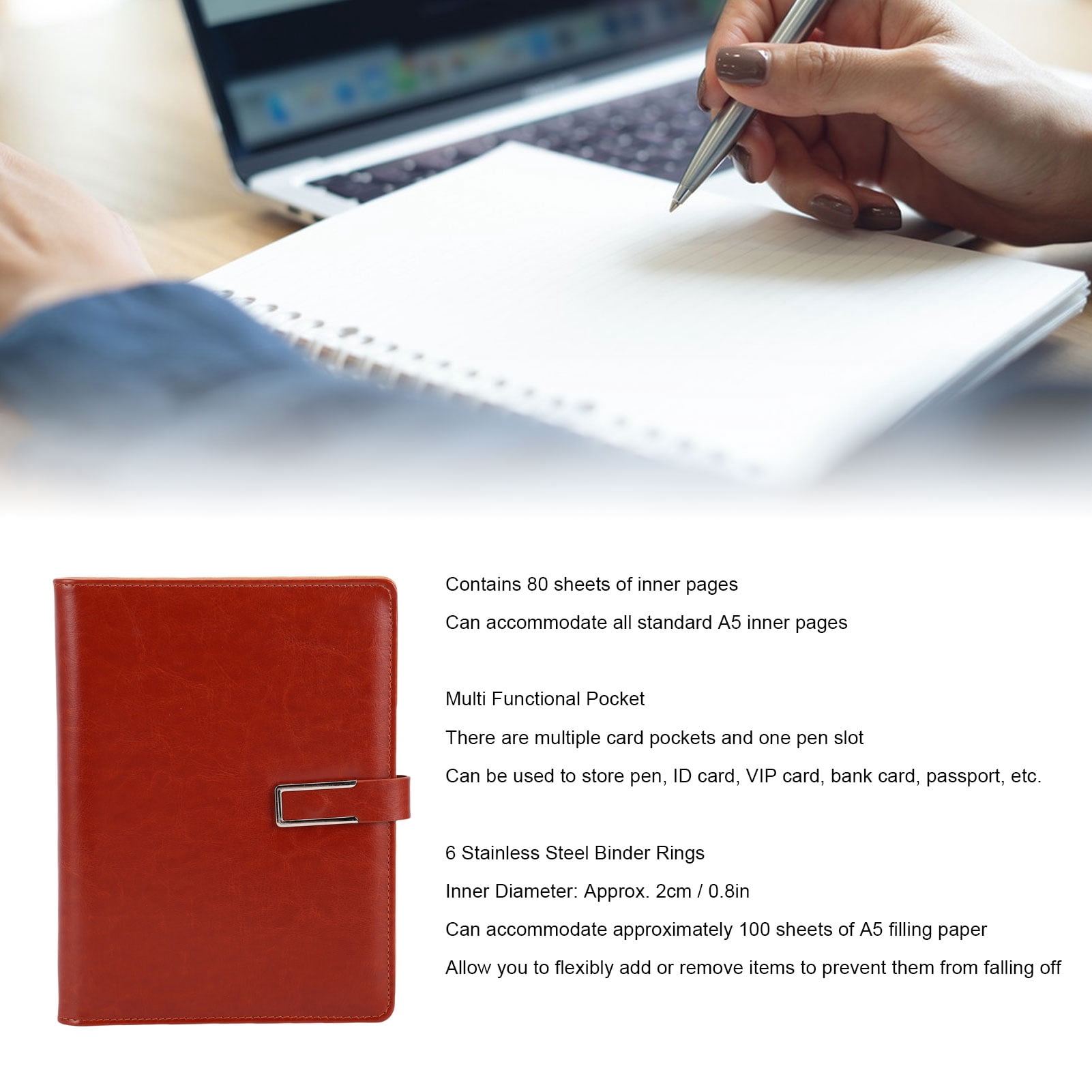 M Buder A5 Binder 6 Rings PU Leather Magnetic Closure Refillable Notebook Binder with 80 Sheets Lined Paper, Durable A5 Planner Binder 9.25 x 7.09 in / 23.5 x 18 cm for Office School Home Use