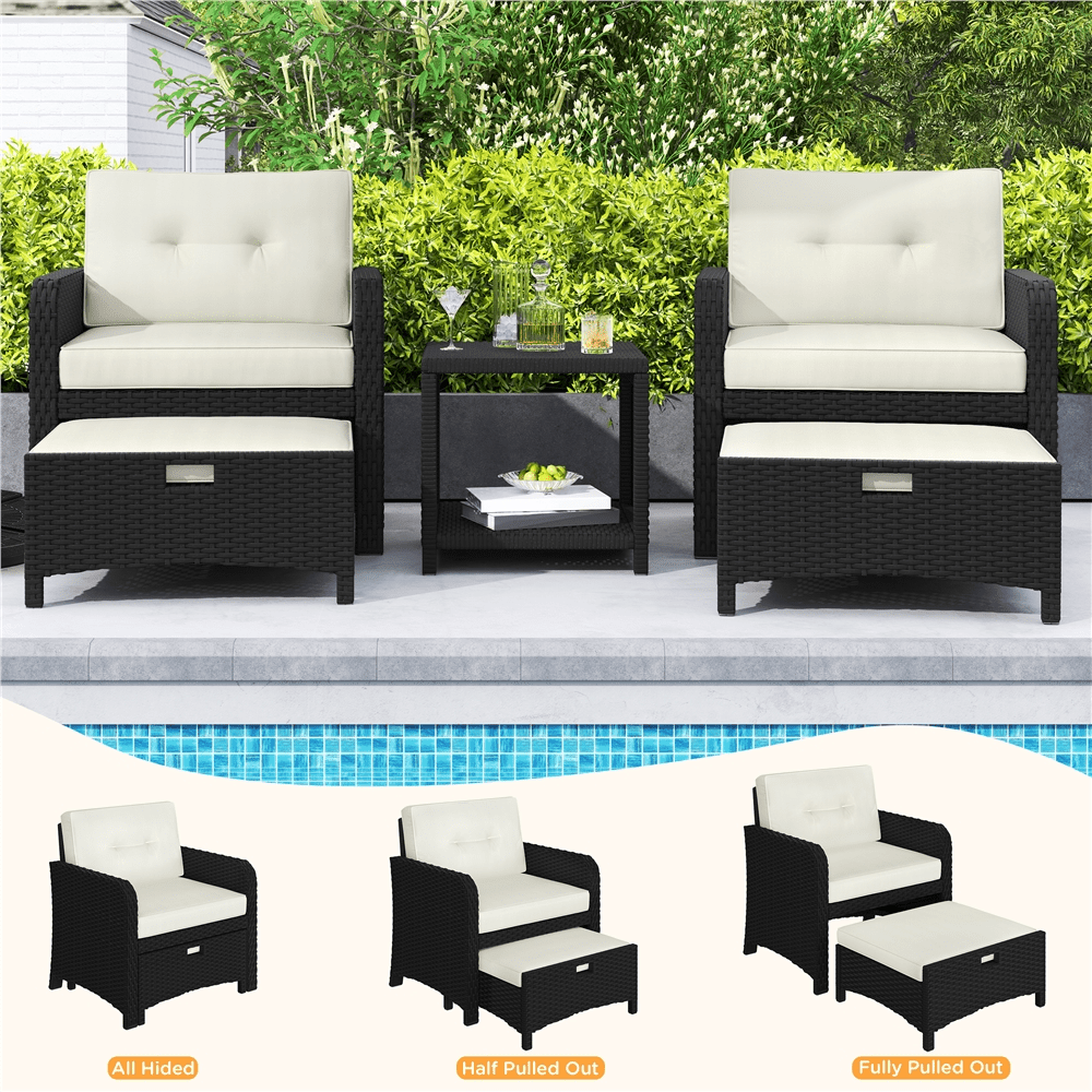 Renwick 5-Piece Outdoor Conversation Set with Table Chairs Ottomans, Black/Beige