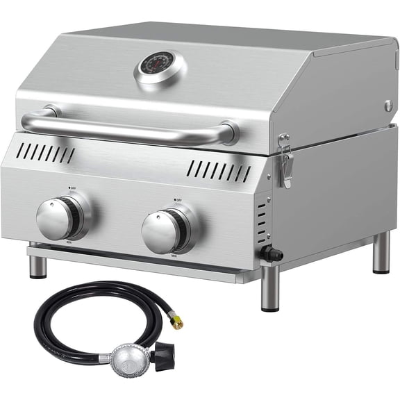 2-Burner Portable Propane Gas Grill, 20,000 BTU Stainless Steel Tabletop Grill with Removable Legs and Lid Thermometer