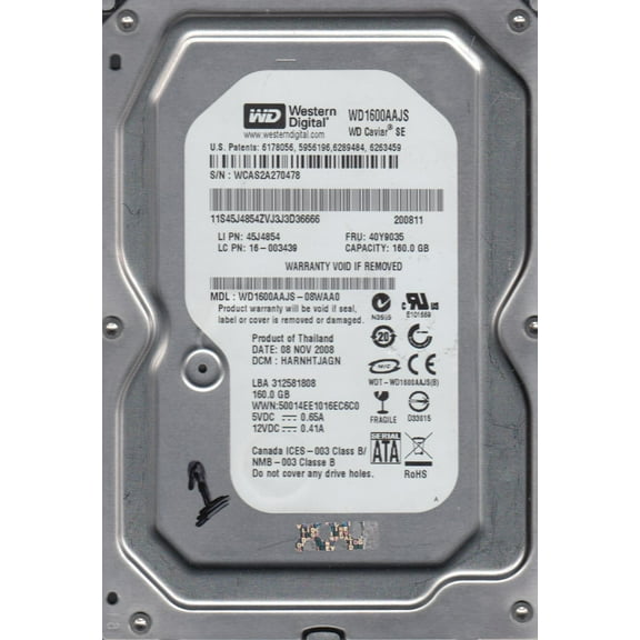 WD1600AAJS-08WAA0, DCM HARNHTJAGN, Western Digital 160GB SATA 3.5 Hard Drive