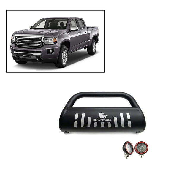 Black Horse Bull Bar Skid Plate Black Come with Pair of 5.3" LED Flood Lights with Red Trim Rings Compatible with 2015-2022 Chevrolet Colorado (Excludes ZR2)|2015-2022 GMC Canyon-BB030709A-SP-PLFR