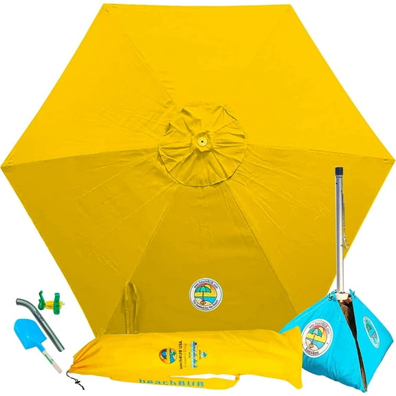 ALL-IN-ONE BEACH UMBRELLA SYSTEM. Includes ULTRA Base (compliant with the ASTM F3681-24 Beach Umbrella Safety Standard). (Sun-kissed Yellow)
