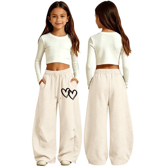 SJLDQY Girls Sweatpants Heart Graphic Baggy Pants Drawstring Waist Pants with Pockets