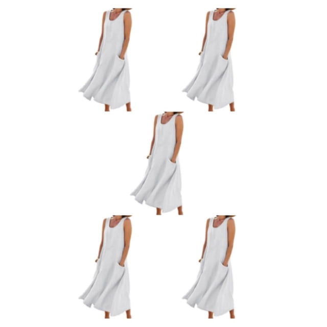 pitrice Femmes Été Coton Lin Robe Sans Manches Col Rond Boho Vintage Style Plage Couleur Unie en Vrac Kaftan Porter Tous les Jours Blanc / XXXL 5Set