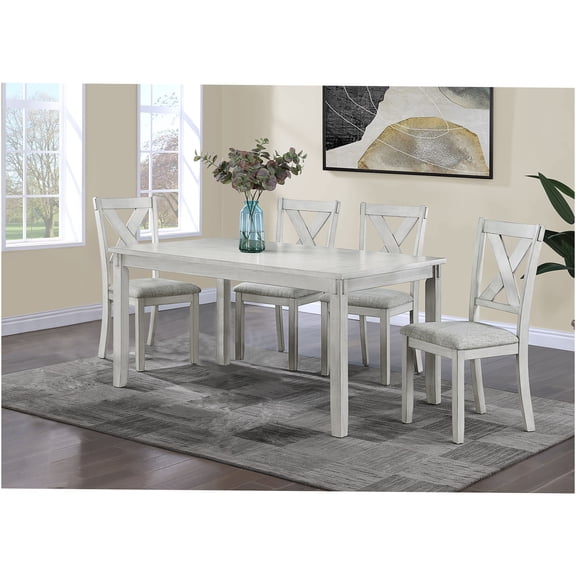 JERFIT 5-Piece Farmhouse Dining Set with Upholstered Chairs, Antique White Rectangular Table and Gray Fabric Seat Cushions for Kitchen and Dining Room