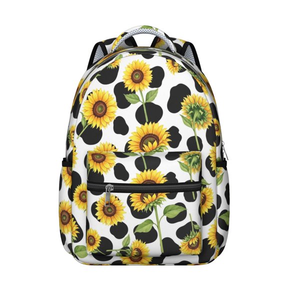 Sunflower and Cowprint White Pattern Backpack for School, Cute School Bag with Adjustable Shoulder Straps and Padded Back, 15.3"x11"x7.1"