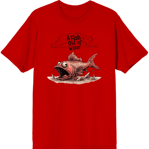 A Fish Out of Water Humor Adult Red Crew Neck Short Sleeve Tee-Small