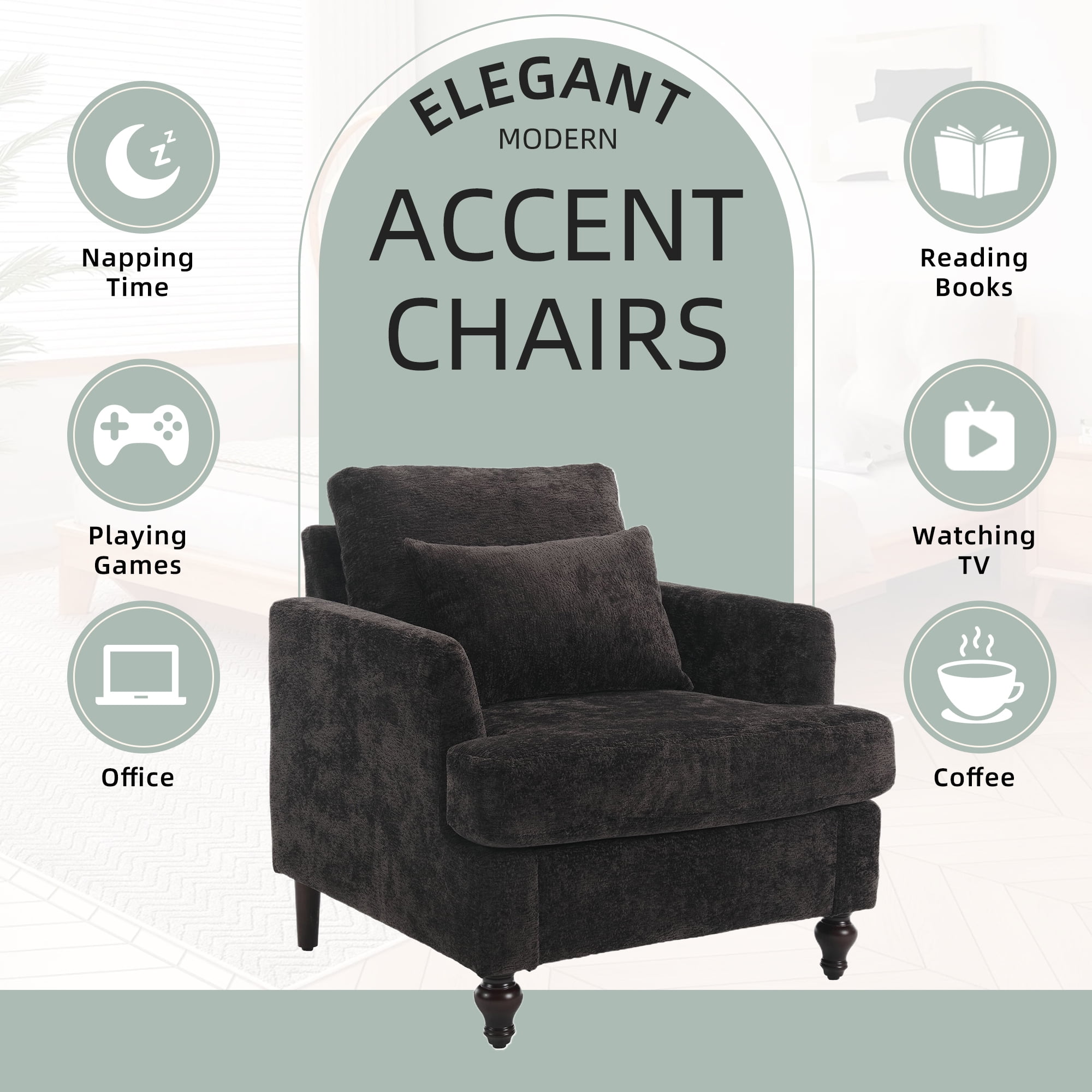 MOONMISS Modern Accent Chair, Wood Frame Upholstered Chenille Arm Chair, Comfy Small Single Couch For Living Room, Bedroom,Office Room Black