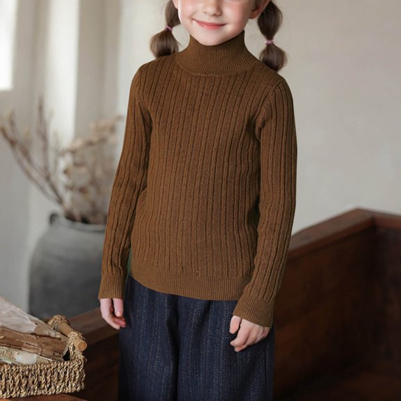 BRGZLK Girls Long Sleeved Sweater Base Shirt Solid Color 2025 Turtleneck Cable Knit Pullover Cute Fitted Trendy Warm Fall Wintere Tops Coffee 6-12 Mont