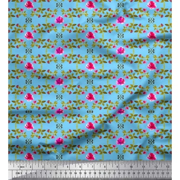 Soimoi Blue Cotton Duck Fabric Leaves,Pink Floral & Ogee Damask Printed Fabric 1 Yard 42 Inch Wide
