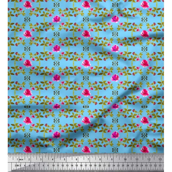 Soimoi Blue Cotton Duck Fabric Leaves,Pink Floral & Ogee Damask Printed Fabric 1 Yard 42 Inch Wide