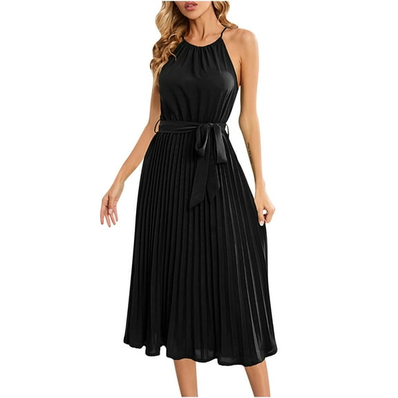 KBKYBUYZ Women Summer Casual Halter Neck Dress Sleeveless Belted Swing Pleated Beach Dresses