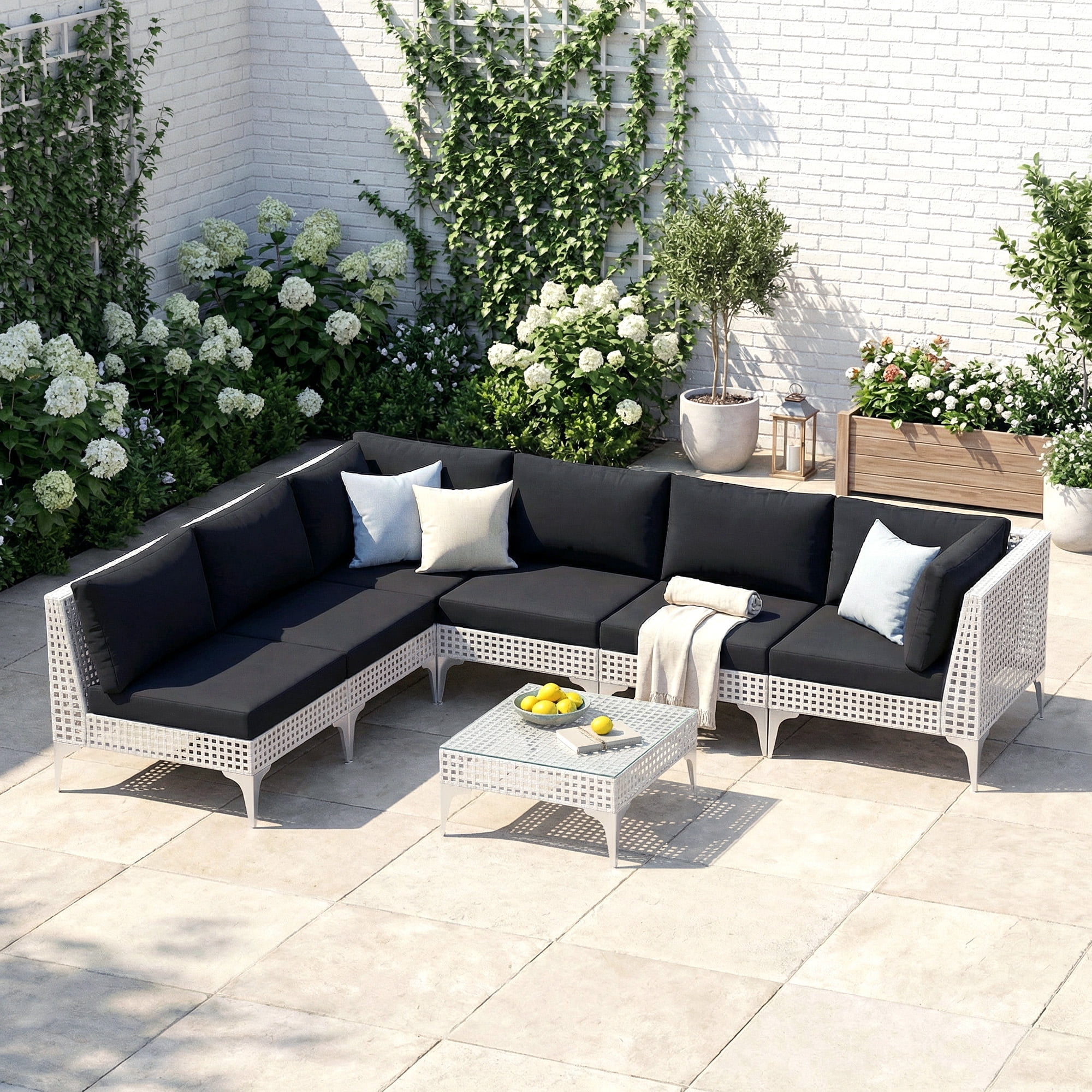 RADIATA 6Pcs Patio Boho Furniture Sofa Sets with Black Cushions , All-Weather White PE Wicker Outdoor Conversation Sets for Backyard, Deck, Poolside, Porch ,  Patio Sofa Sectional