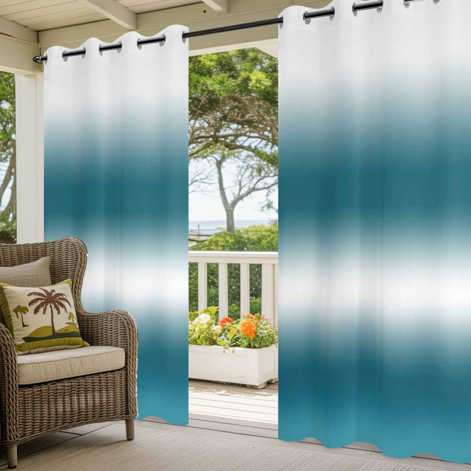 Dark Blue and White Gradient Outdoor Curtains for Patio, Minimalist Dark Cyan Ombre Modern Sunshade Privacy Drapes Grommet Waterproof Outside Curtains for Porch/Cabana/Balcony 54"x 95", 2 Panel