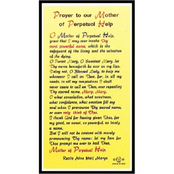 Our Lady of Perpetual Help Laminated Holy Card Blessed by His Holiness Pope Francis