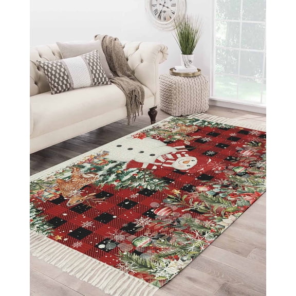Red Black Plaid Christmas Area Rug 3x5ft Woven Runner Rug,Snowman Xmas Tree Poinsettia Washable Living Room Hallway Bedroom Kitchen Carpet with Tassels,Indoor Outdoor Throw Door Mat for Entryway